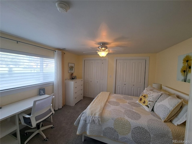 15945 Delta Ct, Brighton, CO 80603 - bedroom with two closets, light carpet, a desk, and ceiling fan