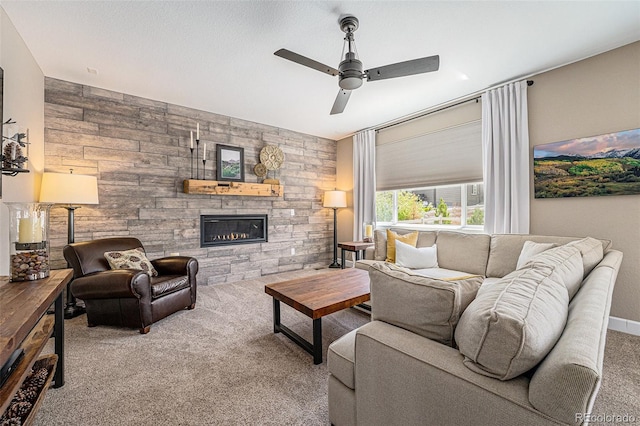 3480 Mount Powell Dr, Broomfield, CO 80023 - carpeted living room with a ceiling fan and a stone fireplace