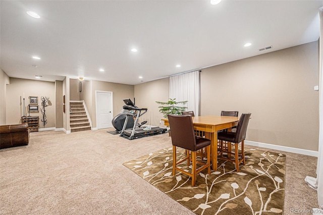 3480 Mount Powell Dr, Broomfield, CO 80023 - carpeted dining room featuring stairway, baseboards, recessed lighting, and visible vents