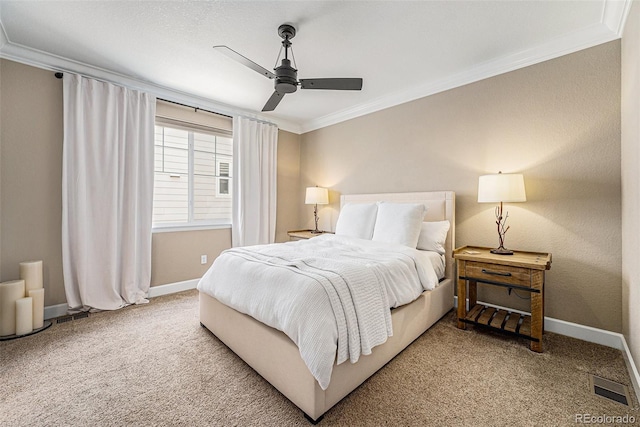3480 Mount Powell Dr, Broomfield, CO 80023 - carpeted bedroom with baseboards, ornamental molding, a ceiling fan, and visible vents