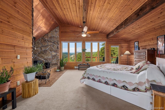 bedroom featuring vaulted ceiling with beams, wood walls, wooden ceiling, and light carpet