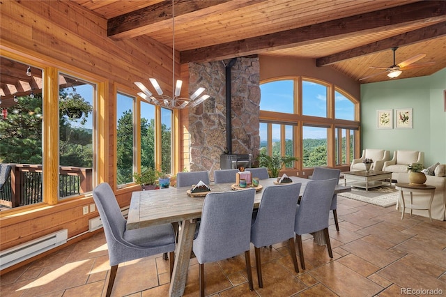 sunroom with ceiling fan with notable chandelier, wood ceiling, baseboard heating, beam ceiling, and a wood stove