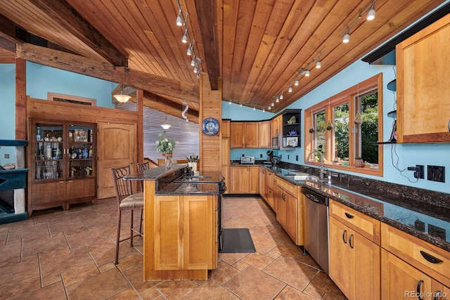 kitchen with a center island, lofted ceiling with beams, wooden ceiling, dishwasher, and a kitchen bar