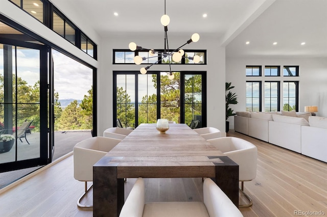 dining space with plenty of natural light, light hardwood / wood-style flooring, and a notable chandelier