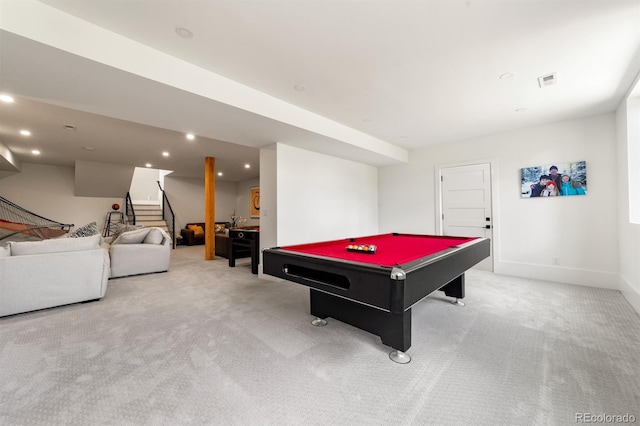 rec room featuring light colored carpet and pool table