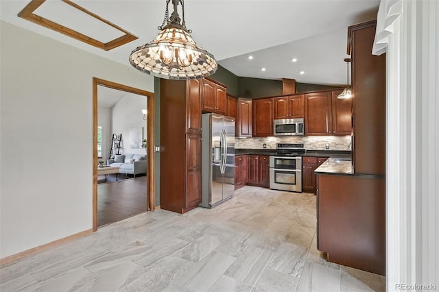 3973 S Joplin Way, Aurora, CO 80013 - kitchen with appliances with stainless steel finishes, dark countertops, tasteful backsplash, pendant lighting, and vaulted ceiling