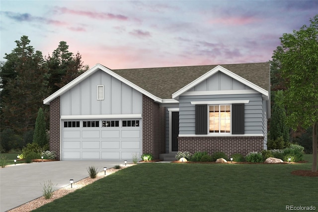 view of front of house with board and batten siding, brick siding, driveway, and an attached garage