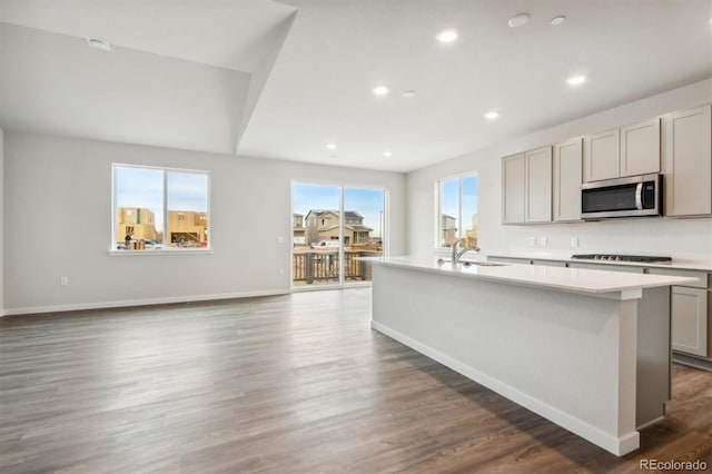 1321 Loraine Cir N, Lafayette, CO 80026 - kitchen with gray cabinets, light countertops, appliances with stainless steel finishes, a kitchen island with sink, and a sink