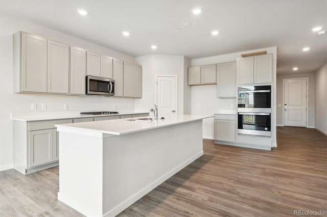 1321 Loraine Cir N, Lafayette, CO 80026 - kitchen with light wood finished floors, an island with sink, appliances with stainless steel finishes, light countertops, and a sink