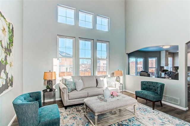 living room with plenty of natural light, a high ceiling, and dark hardwood / wood-style floors