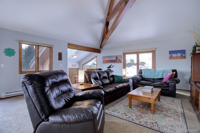 carpeted living room with a baseboard radiator and lofted ceiling with beams