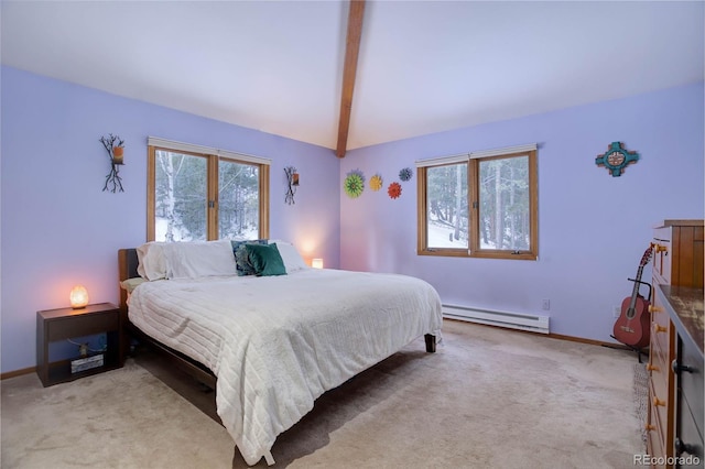 bedroom featuring baseboard heating, light colored carpet, lofted ceiling with beams, and multiple windows