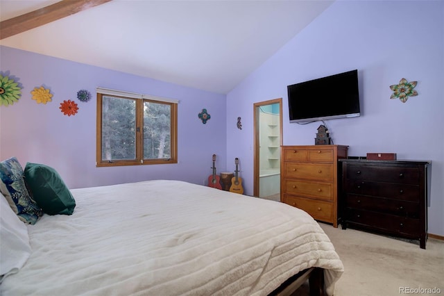 bedroom with light carpet and lofted ceiling