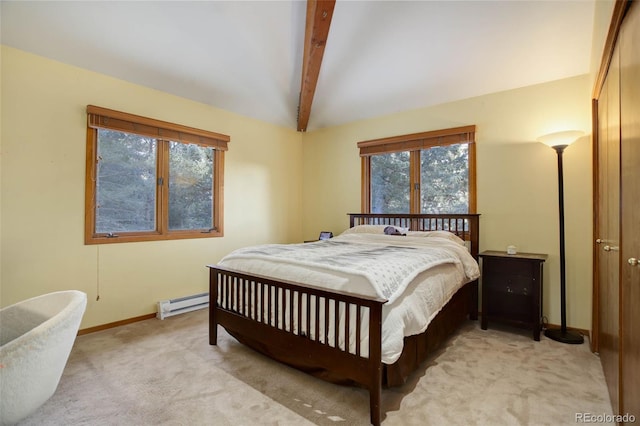 carpeted bedroom featuring a baseboard heating unit and vaulted ceiling with beams