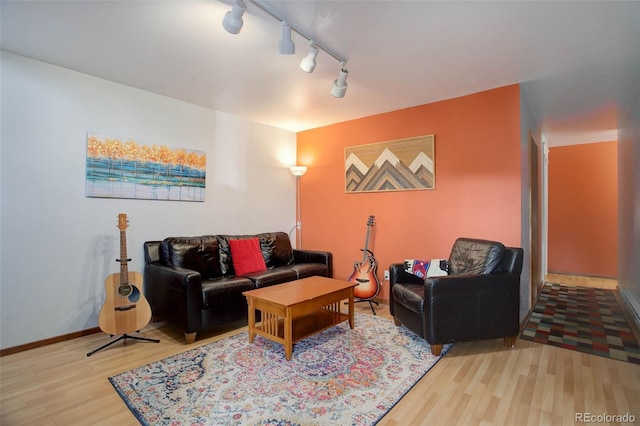 living room featuring wood-type flooring and track lighting