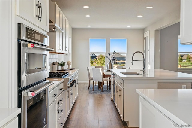 kitchen featuring a sink, extractor fan, dark wood-style flooring, light countertops, and appliances with stainless steel finishes