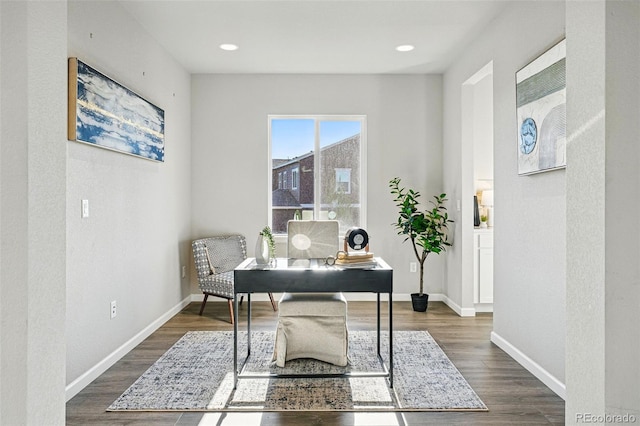 home office with recessed lighting, baseboards, and dark wood finished floors