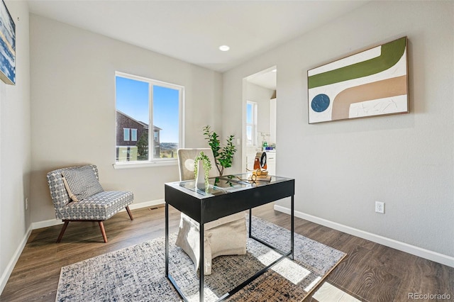 home office with recessed lighting, baseboards, and wood finished floors