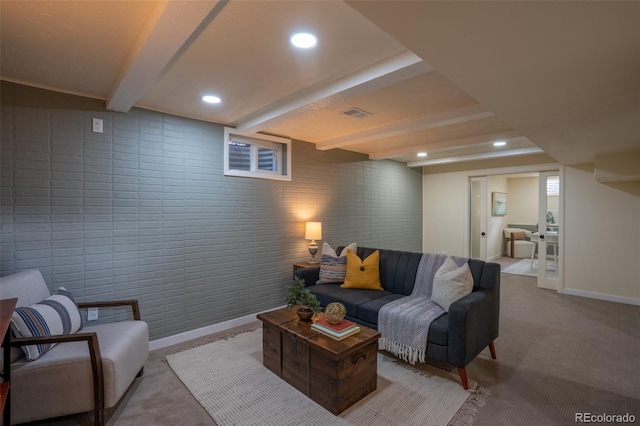 living room featuring recessed lighting, visible vents, baseboards, beam ceiling, and carpet