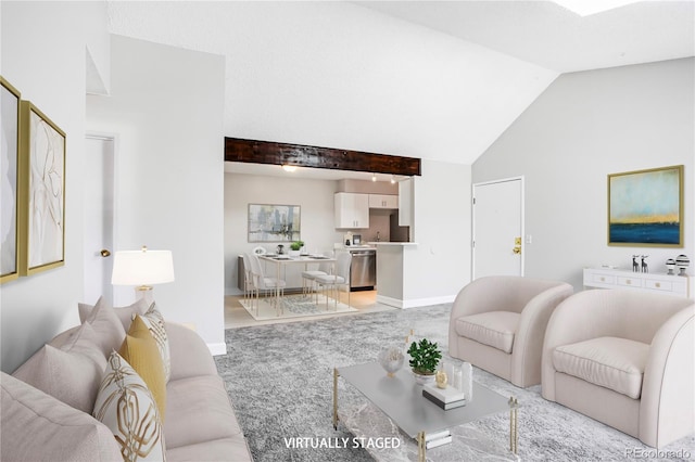 381 S Ames St Unit E305, Lakewood, CO 80226 - living area featuring vaulted ceiling and light carpet