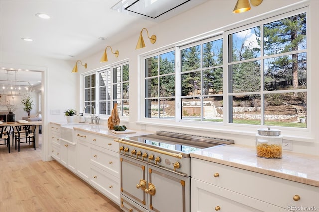 kitchen featuring light stone countertops, a sink, light wood finished floors, and recessed lighting
