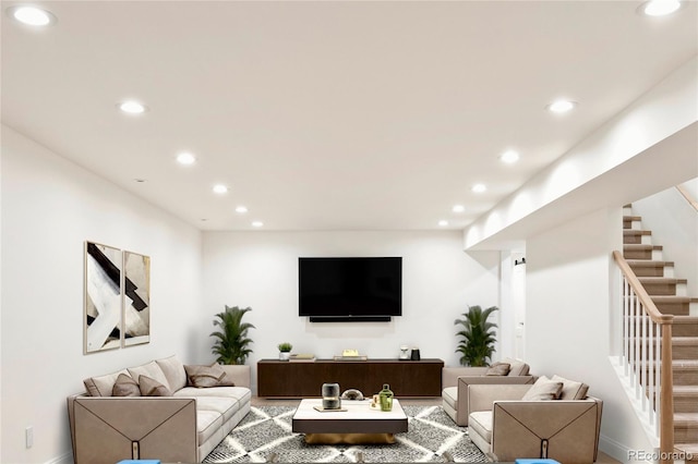 living room with recessed lighting and stairway