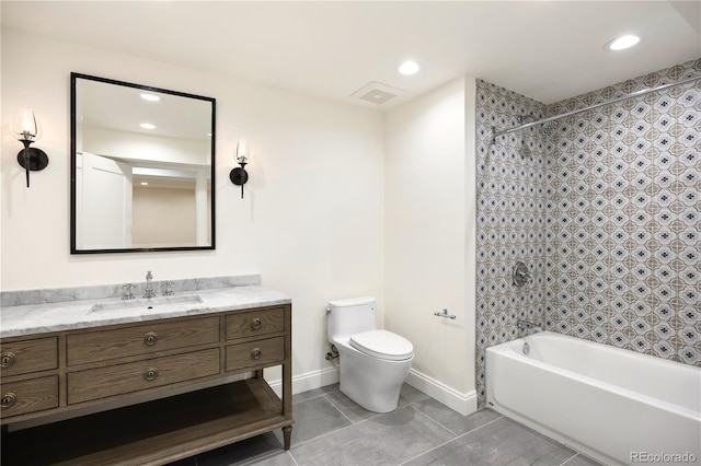 full bath with tile patterned floors, vanity, toilet, visible vents, and bathing tub / shower combination