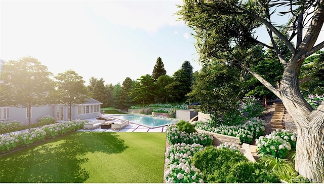 outdoor pool featuring a yard and a patio area