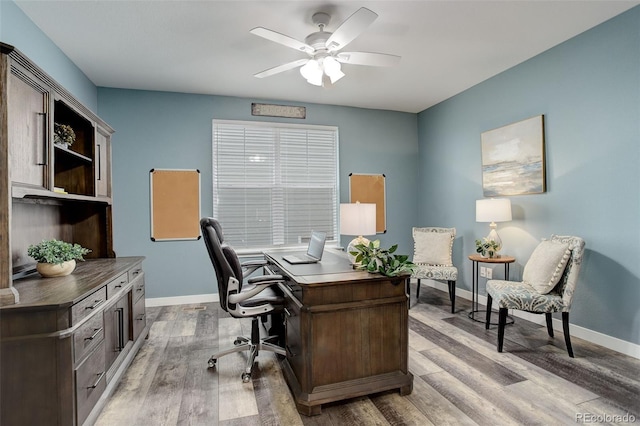 home office with ceiling fan and light hardwood / wood-style flooring