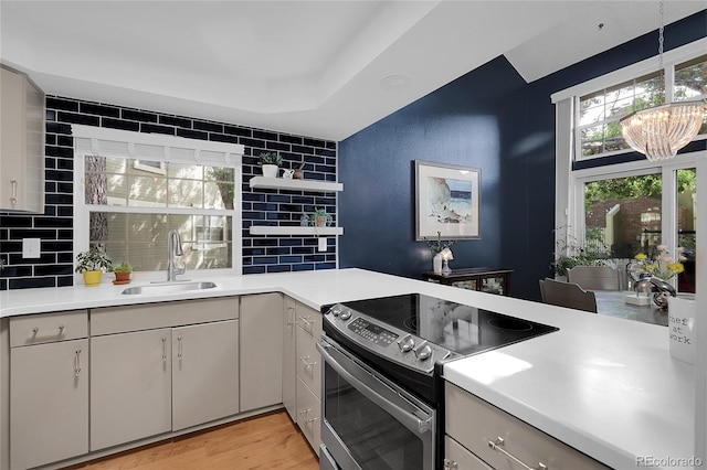 2021 S Hannibal Way Unit F, Aurora, CO 80013 - kitchen featuring electric range, light countertops, decorative backsplash, and light wood finished floors