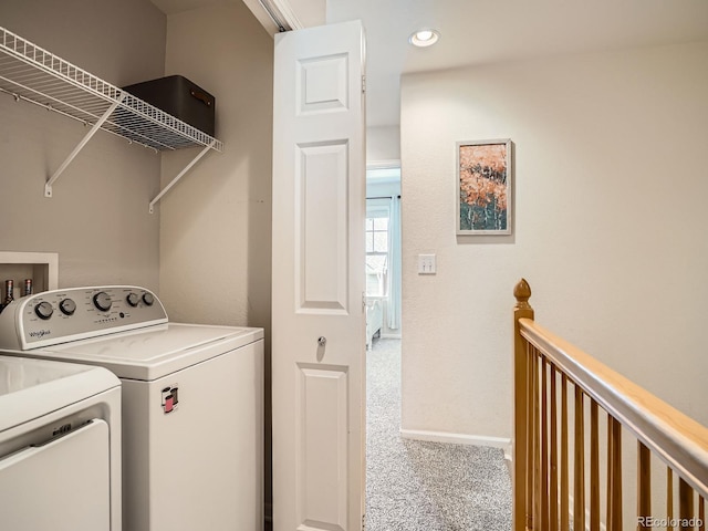 13638 Garfield St Unit C, Thornton, CO 80602 - washroom with washing machine and clothes dryer, carpet flooring, recessed lighting, and baseboards