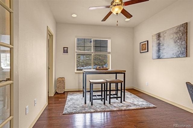 dining area with recessed lighting, ceiling fan, baseboards, and wood finished floors