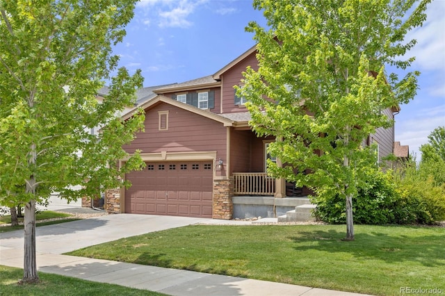 3535 Raintree Ln, Dacono, CO 80514 - view of front of home featuring a front lawn, concrete driveway, covered porch, and stone siding