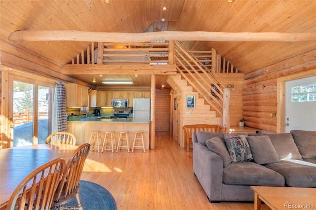 living area featuring wooden ceiling, light wood-style floors, log walls, and beamed ceiling