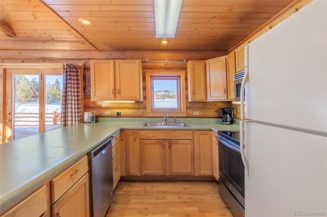 kitchen featuring appliances with stainless steel finishes, a sink, log walls, and a healthy amount of sunlight