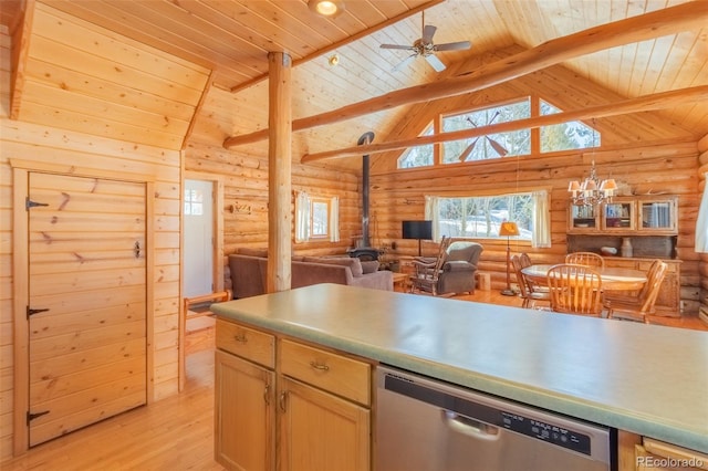 kitchen featuring light wood finished floors, dishwasher, open floor plan, a wood stove, and beam ceiling