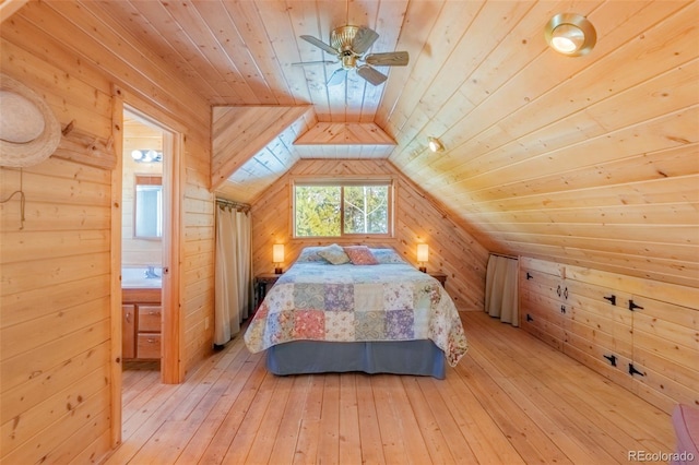 unfurnished bedroom featuring light wood finished floors, wooden ceiling, and wooden walls