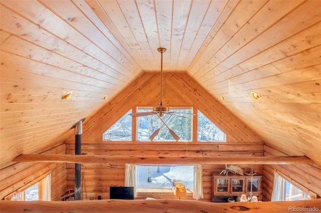 bonus room with high vaulted ceiling and wooden ceiling