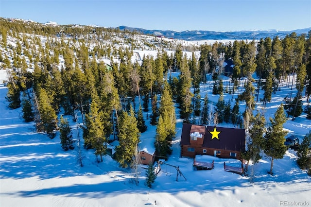 snowy aerial view featuring a mountain view