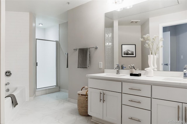 full bath featuring marble finish floor, visible vents, a sink, and an enclosed shower