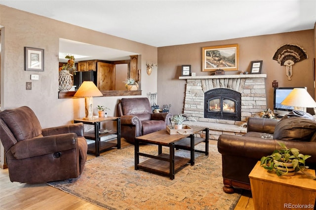 96 County Road 7, Fairplay, CO 80440 - living area featuring a stone fireplace and light wood-type flooring