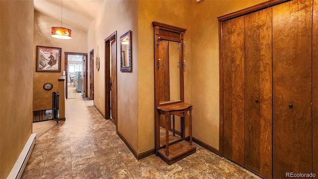 96 County Road 7, Fairplay, CO 80440 - hallway featuring baseboards, a baseboard radiator, and lofted ceiling