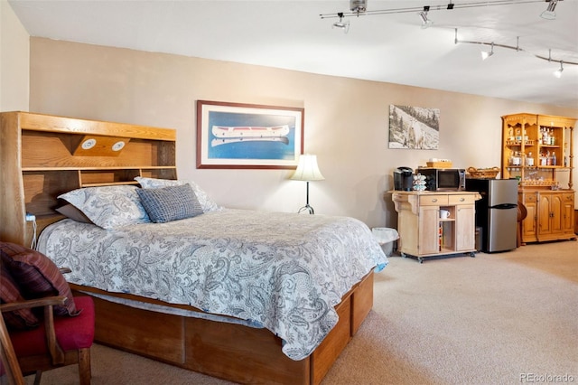 96 County Road 7, Fairplay, CO 80440 - bedroom with freestanding refrigerator, rail lighting, and light carpet
