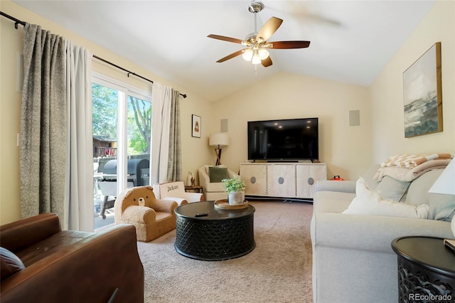 2964 S Akron St, Denver, CO 80231 - carpeted living room with vaulted ceiling and ceiling fan
