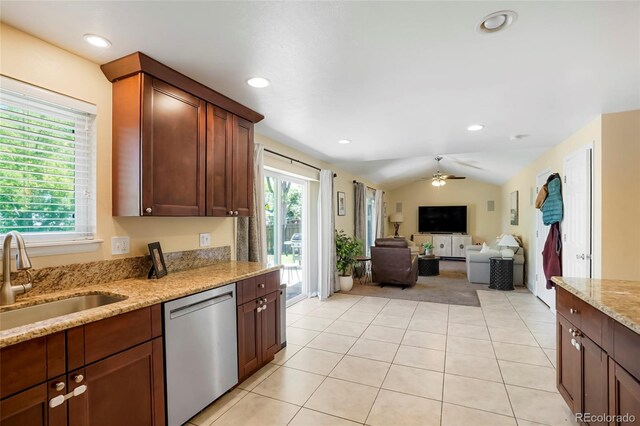 2964 S Akron St, Denver, CO 80231 - kitchen featuring dishwasher, a sink, light tile patterned floors, light stone counters, and ceiling fan