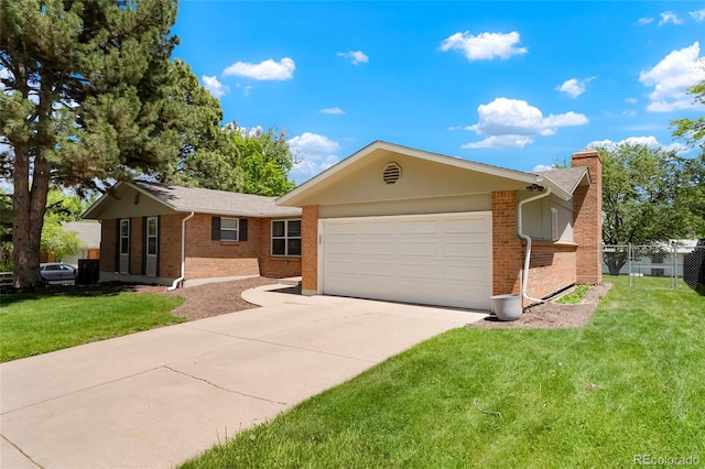 2964 S Akron St, Denver, CO 80231 - ranch-style house featuring a garage, brick siding, concrete driveway, and a chimney