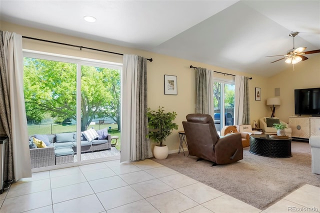 2964 S Akron St, Denver, CO 80231 - living room with vaulted ceiling, ceiling fan, light tile patterned flooring, light colored carpet, and recessed lighting