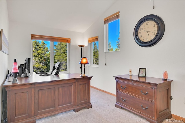 398 Mountain View Dr, Black Hawk, CO 80422 - office area featuring baseboards, light colored carpet, and vaulted ceiling