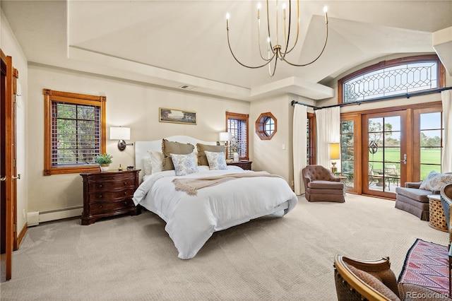 18 Club Ln, Littleton, CO 80123 - bedroom featuring a baseboard radiator, carpet flooring, access to outside, and a notable chandelier
