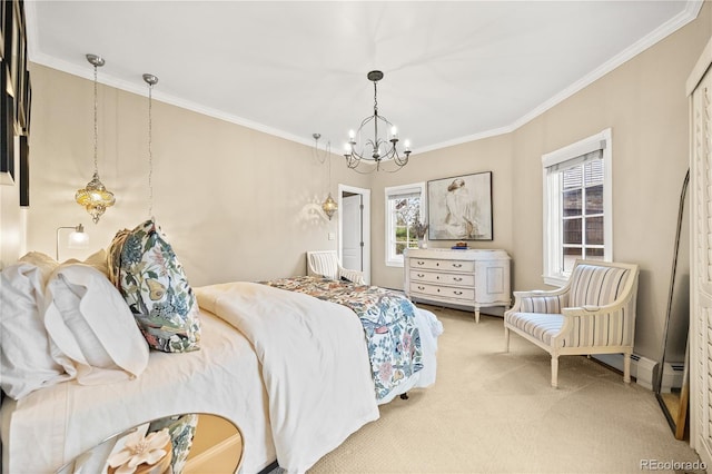 18 Club Ln, Littleton, CO 80123 - bedroom featuring a baseboard heating unit, a chandelier, crown molding, and carpet